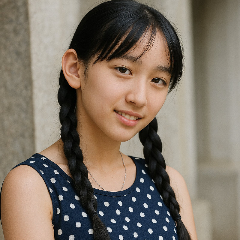 她扎着辫子。