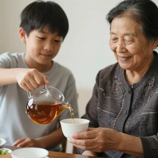 他总是为他的祖母倒茶。