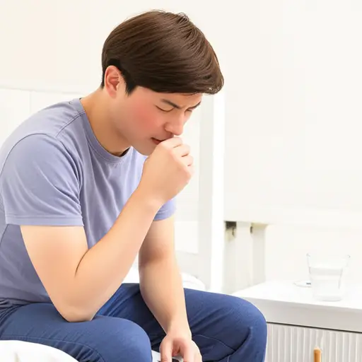 他出现了发烧和咳嗽的症状。