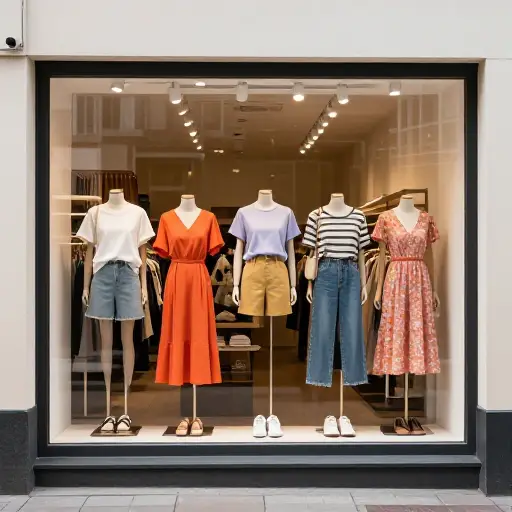 商店橱窗里有一个吸引人的夏装展示。