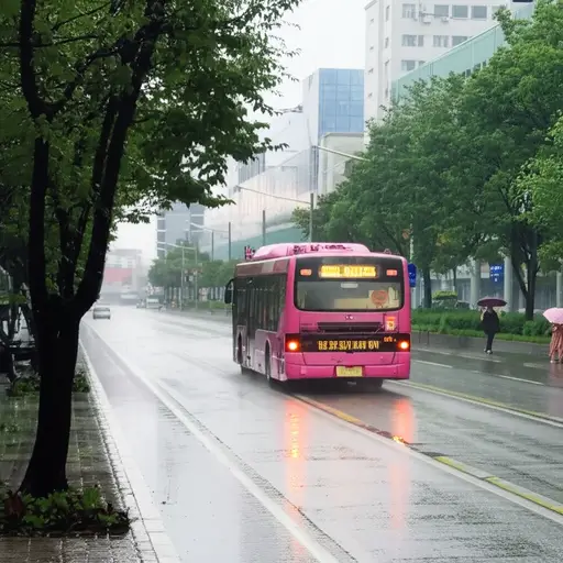 下大雨时，城市公交车经常晚点。