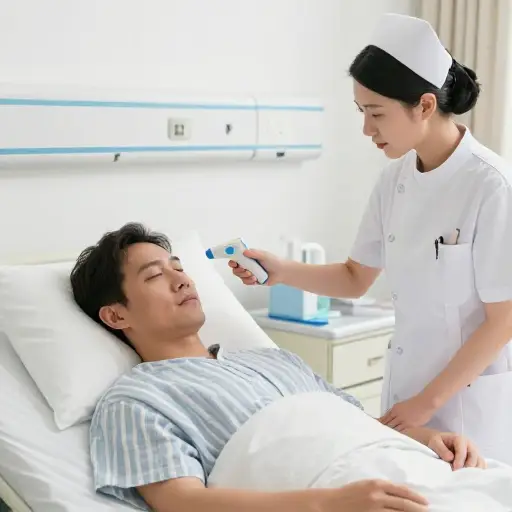 护士用电子体温计为病人测量了体温。