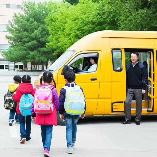 学校用一辆面包车接送孩子们上下学。