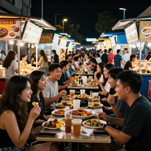 游客们在夜市尽情品尝当地美食。