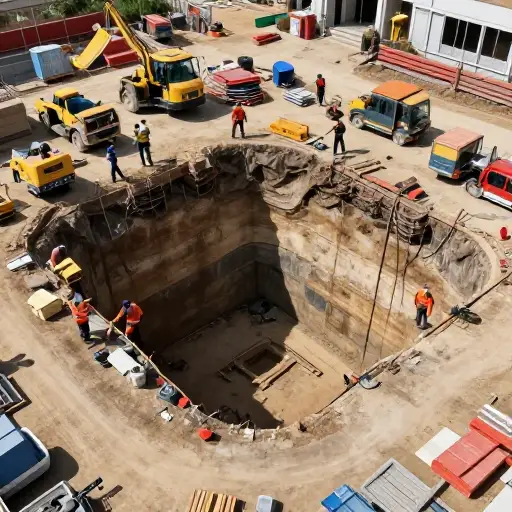 建筑工地上有一个用于地基的深坑。