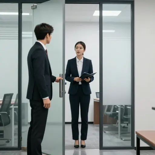他穿着西装打着领带去面试，希望当场就能被录用。