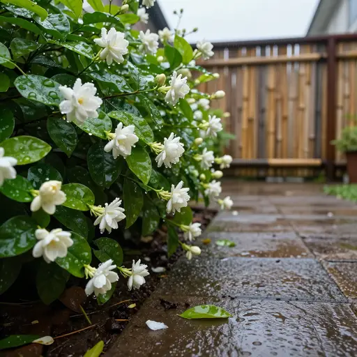 雨后的花园弥漫着湿润泥土和盛开的茉莉花的香气。