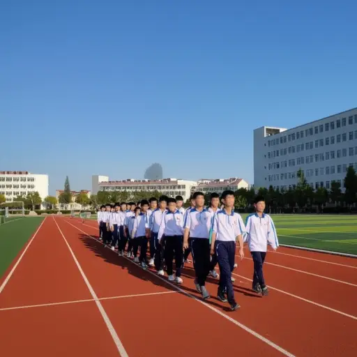 学生们排成一列，沿着操场缓慢行进。