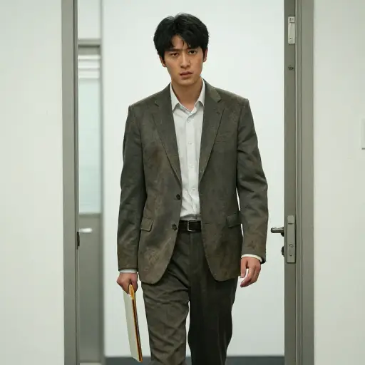 他穿着破旧的衣服去面试。