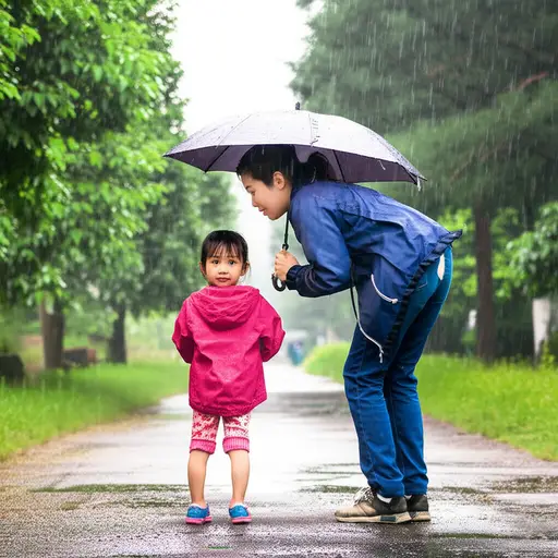 妈妈用雨伞保护孩子不被雨淋湿。