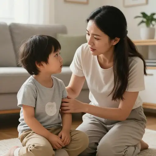 她跪在小孩旁边。