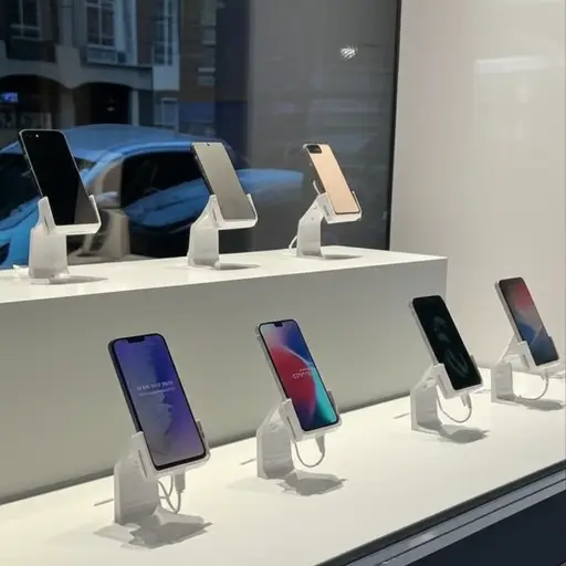 商店把最新款的手机整齐地陈列在橱窗里。
