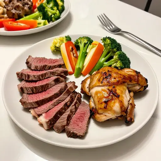 我晚餐经常吃牛肉、鸡肉和蔬菜。