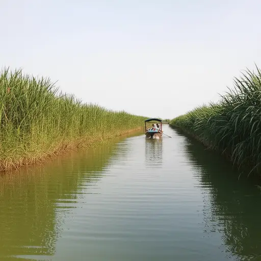 小船小心地用船头挤过狭窄的水道。