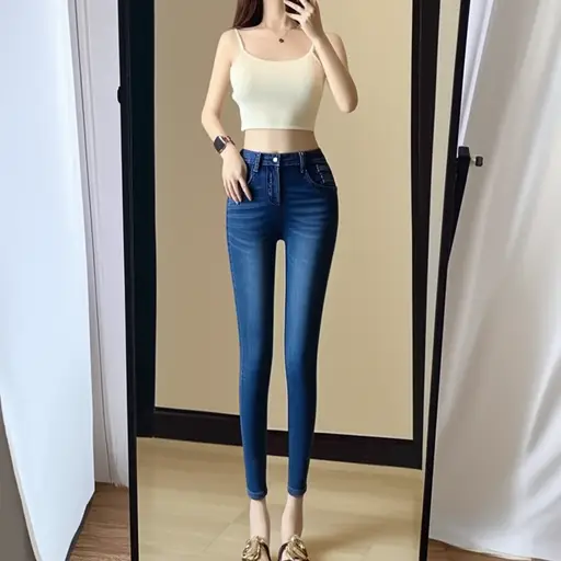 这条牛仔裤很适合她苗条的身材。