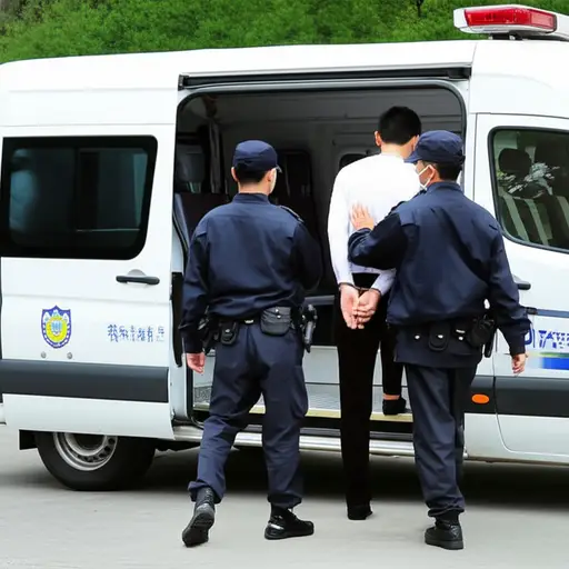 警察将嫌疑人押上了警用运输车的后部。