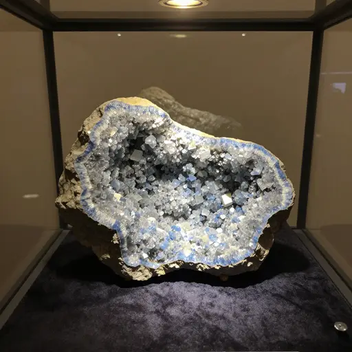 矿山中一处被切开展示的晶洞在大学矿物陈列馆里展出。