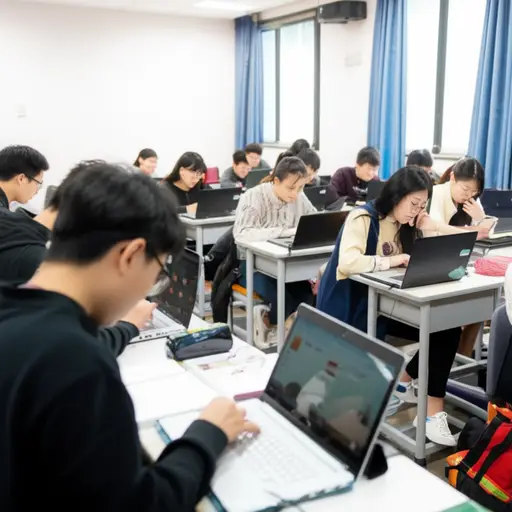 许多学生在学校使用笔记本电脑。