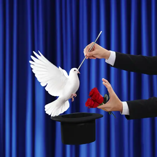 魔术师用魔杖轻轻一点，鸽子就变成了鲜花。