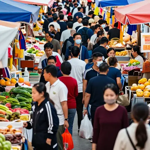 假期期间，市场挤满了游客。