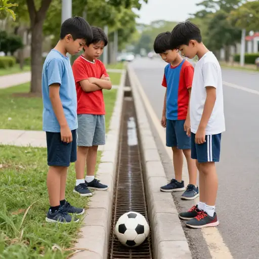 孩子们不小心把球踢进了路边的阴沟里。