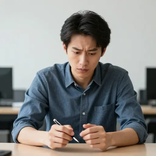 面试时他紧张地按着笔，发出咔哒声。