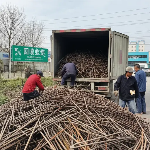 工人们把废铁收集起来送到回收站。