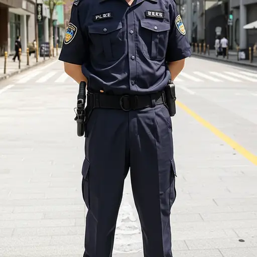 那个警察把警棍别在腰带上。