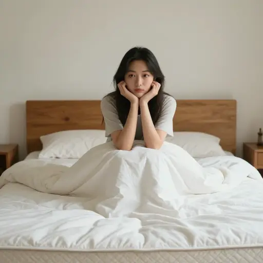 她松开床垫，双手托腮坐在床上沉思。
