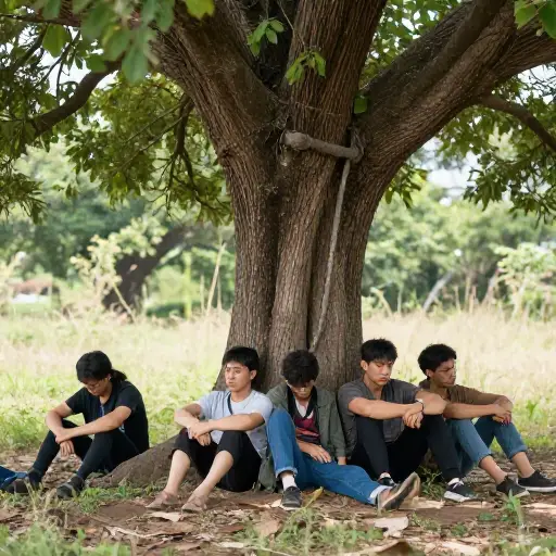 走累之后我们在一棵大树下坐下了。