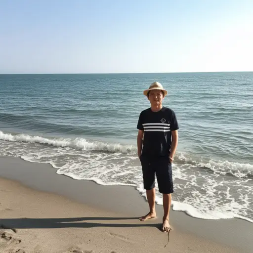 他在沙滩上戴着那顶最喜欢的帽子防晒。