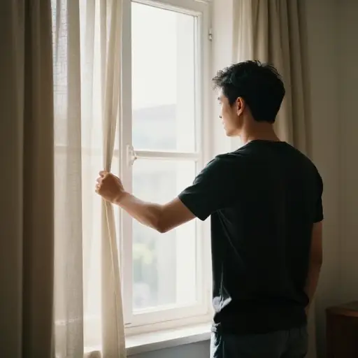他轻轻地将窗帘拉过窗户，挡住了阳光。