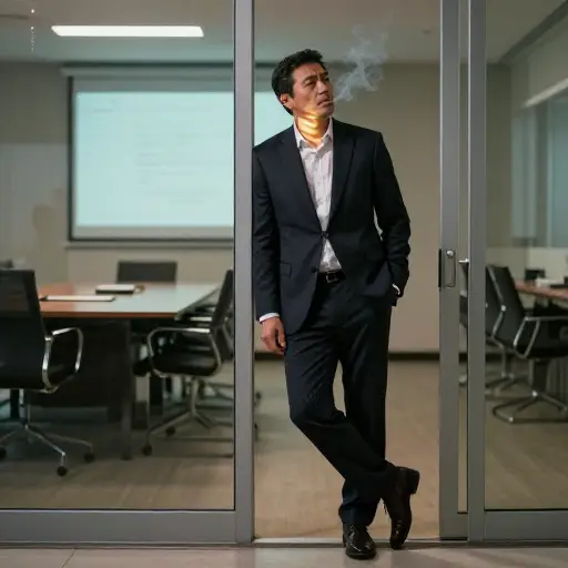 他叼着香烟，以一副漫不经心的样子走进会议室。