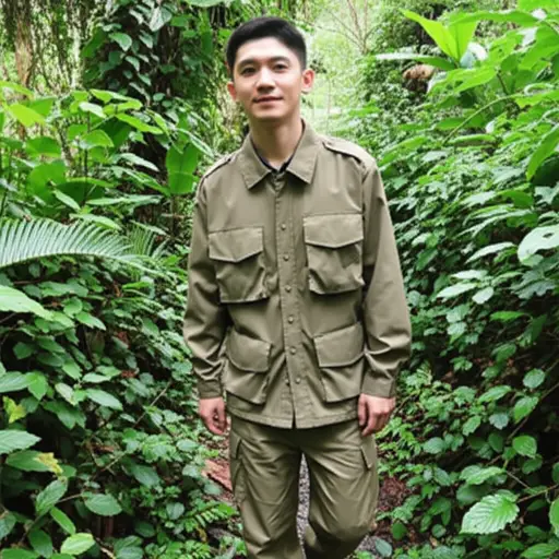 他穿着舒适的丛林探险服去徒步。