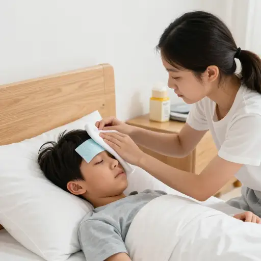 我了解到她独自和弟弟在一起，他发烧了。