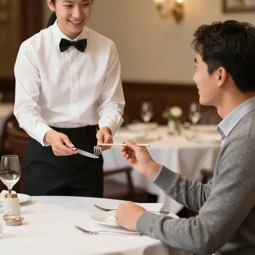 “要刀叉吗？” “不用了，谢谢，我会用筷子。”