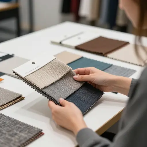 设计师展示了几块面料的样品。