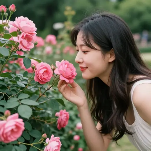 她喜爱她花园里玫瑰的淡雅芬芳。