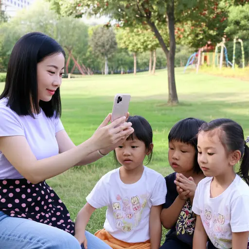 她拿出手机给孩子们拍照。