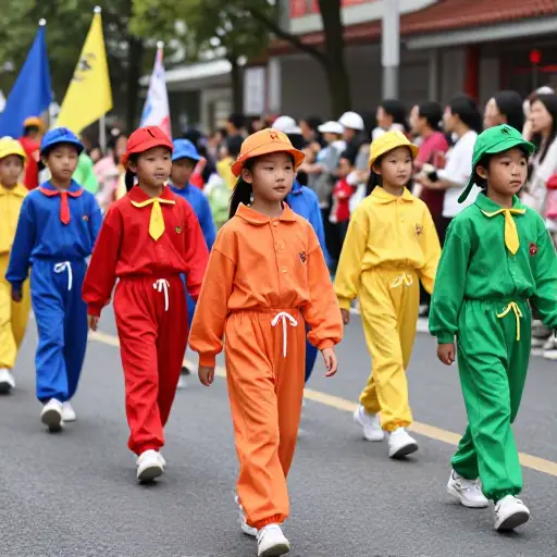 孩子们在游行中穿着色彩鲜艳的服装。