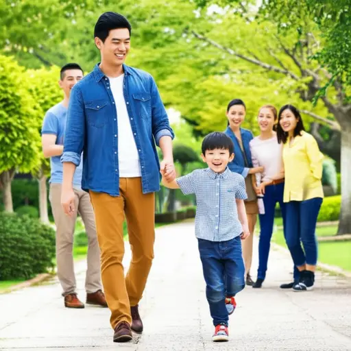 小弟弟喜欢模仿爸爸走路的姿势，逗得全家人哈哈大笑。