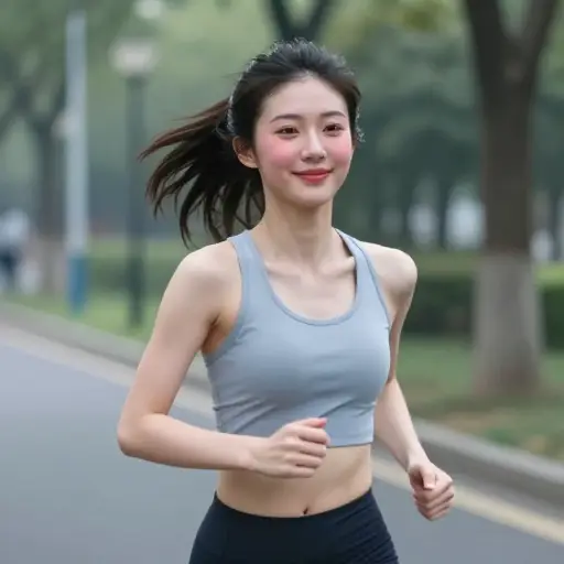 晨跑后，她的脸色红润，看起来很健康。