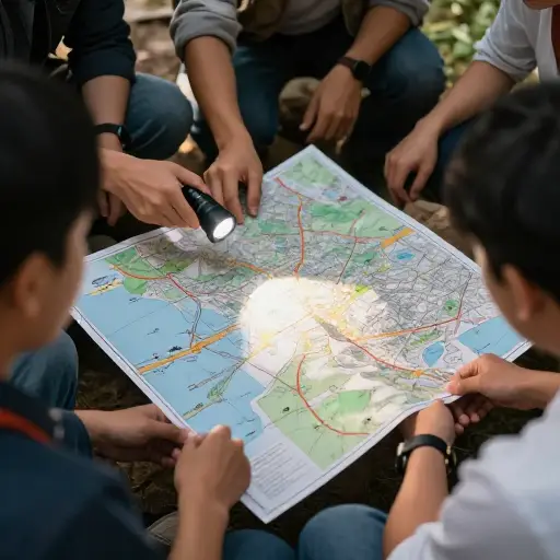 她把手电筒传了一圈，这样每个人都能看清地图。