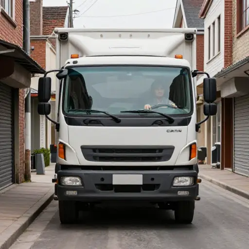 他熟练地在狭窄的街道上驾驶卡车。