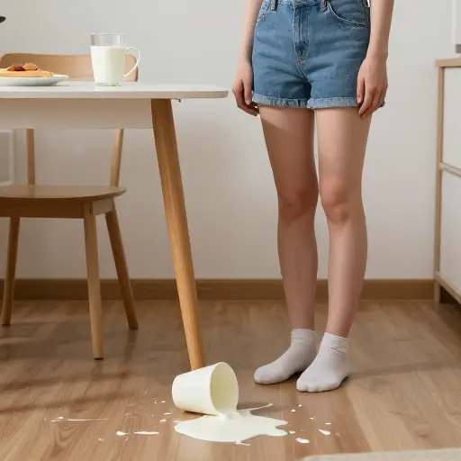 我打翻了那个女孩的杯子，里面还装满了牛奶。