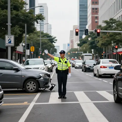 一名交通警察在事故现场指挥车辆绕行。