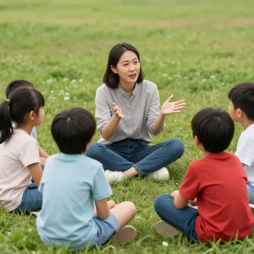 她把孩子们聚集在一起，开始给他们讲故事。