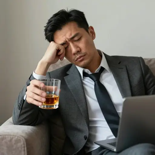 工作一整天后，他经常喜欢喝一杯烈酒来放松。