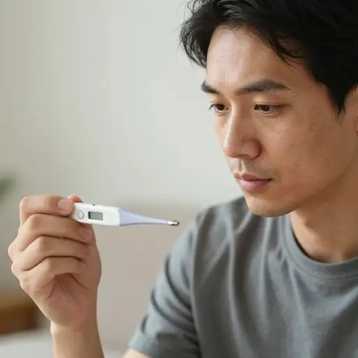 他检查体温计看是否发烧。