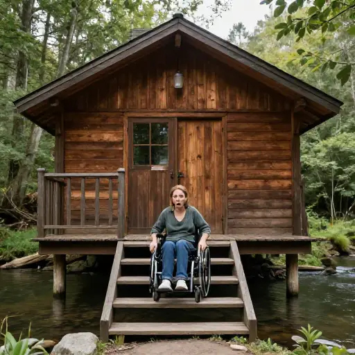 当我们到达河边小屋时，我震惊地发现大楼里没有斜坡。